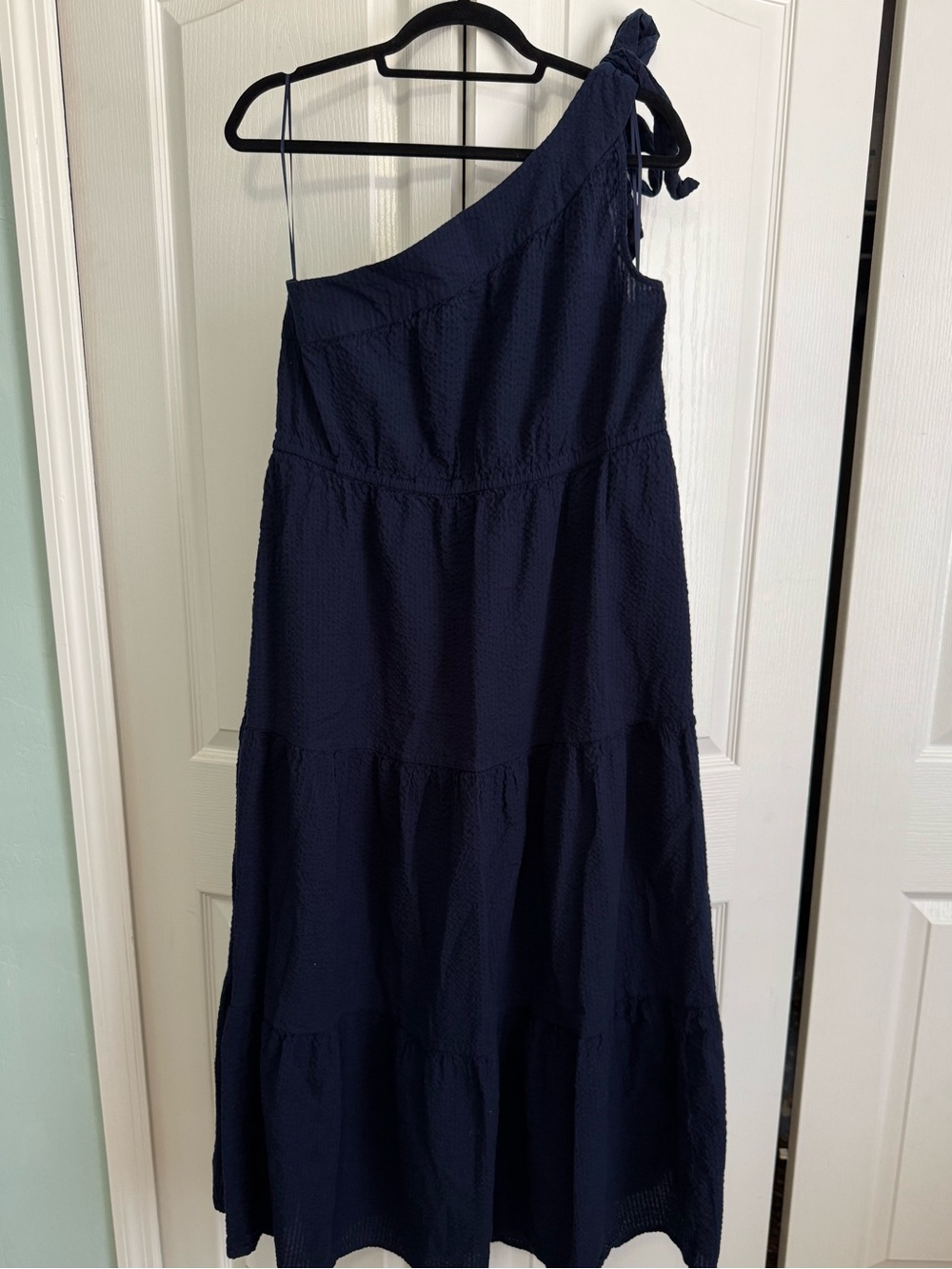 crown & ivy One-Shoulder Navy Dress with Tie Detail